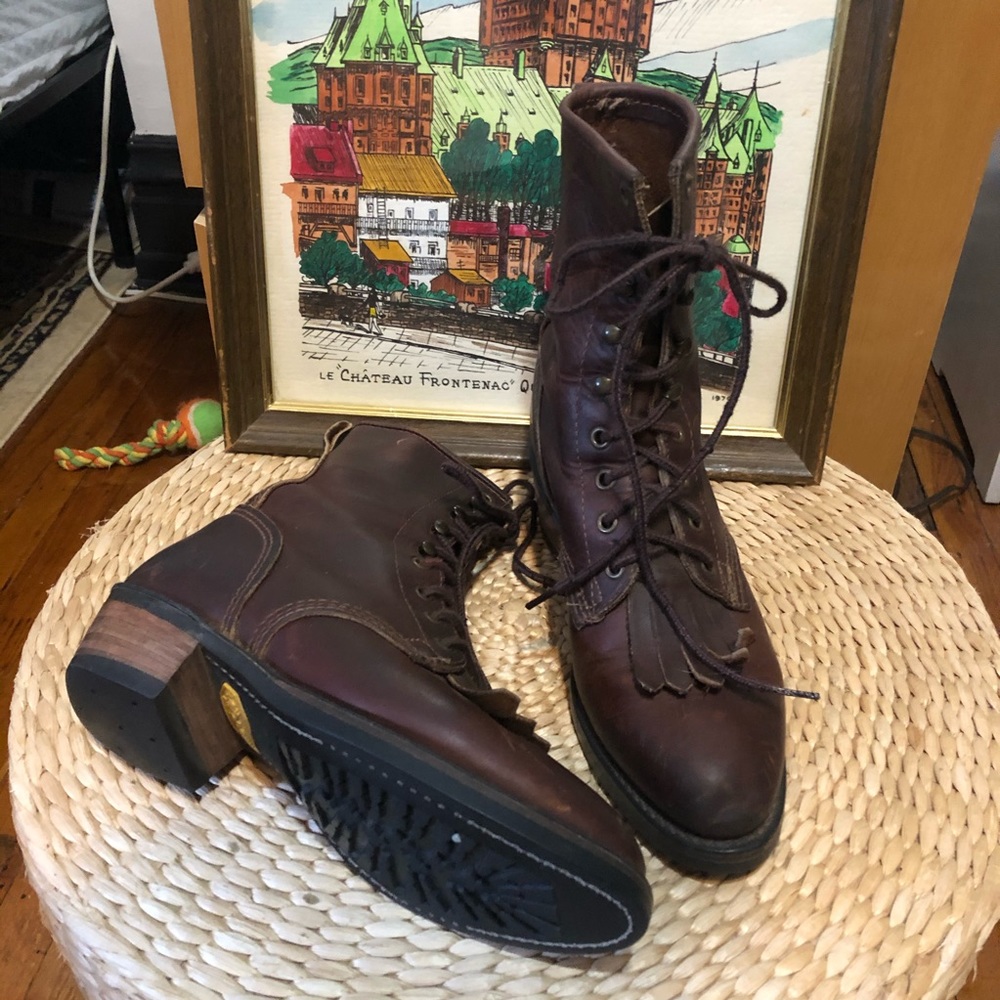 Brown Leather Roper Fringe Boots 9 Durango Lace up